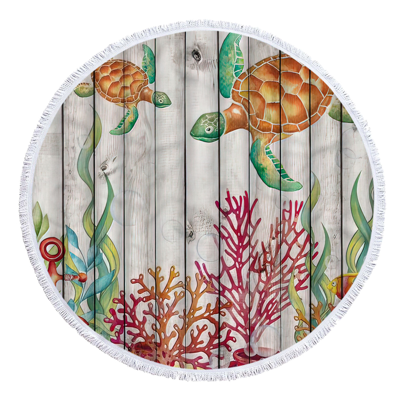 Apaļš pludmales dvielis ar bruņurupjas rakstu, 3D digitālā druka, daudzfunkcionāls šalle un galda paliktnis — smalkas mikrošķiedras, 150D, vienkāršs pītums, svars ≤100 g