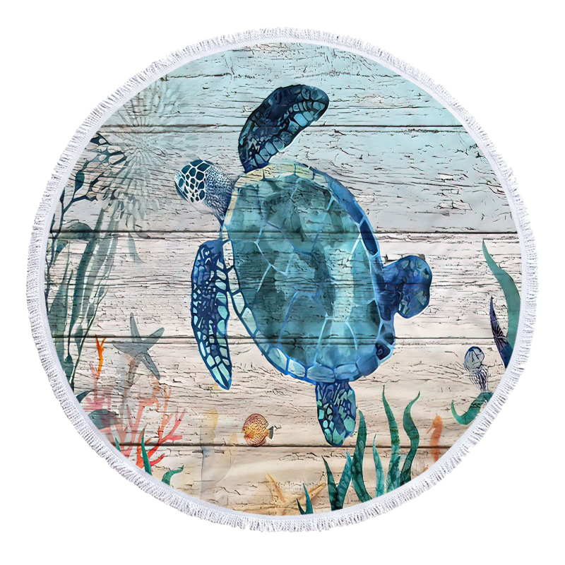 Apaļš pludmales dvielis ar bruņurupjas rakstu, 3D digitālā druka, daudzfunkcionāls šalle un galda paliktnis — smalkas mikrošķiedras, 150D, vienkāršs pītums, svars ≤100 g