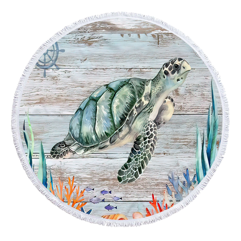 Apaļš pludmales dvielis ar bruņurupjas rakstu, 3D digitālā druka, daudzfunkcionāls šalle un galda paliktnis — smalkas mikrošķiedras, 150D, vienkāršs pītums, svars ≤100 g