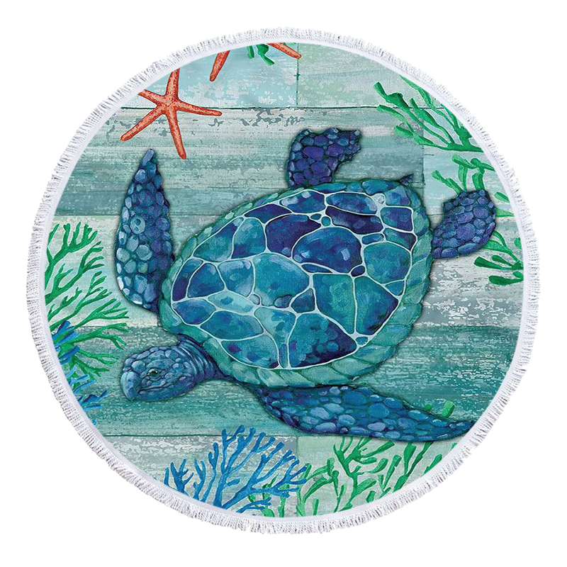 Apaļš pludmales dvielis ar bruņurupjas rakstu, 3D digitālā druka, daudzfunkcionāls šalle un galda paliktnis — smalkas mikrošķiedras, 150D, vienkāršs pītums, svars ≤100 g