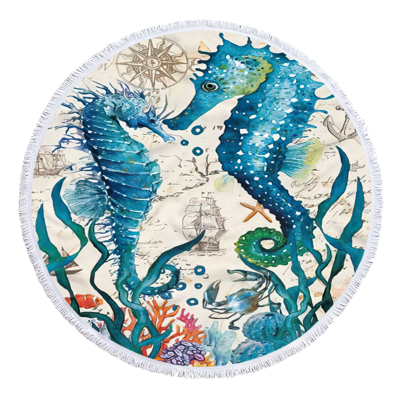 Apaļš pludmales dvielis ar bruņurupjas rakstu, 3D digitālā druka, daudzfunkcionāls šalle un galda paliktnis — smalkas mikrošķiedras, 150D, vienkāršs pītums, svars ≤100 g