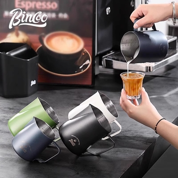 Bincoo nerūdijančio plieno latte art pieno indas, lazeriu graviruotas logotipas, pritaikomas, 165 g, šiuolaikinio stiliaus