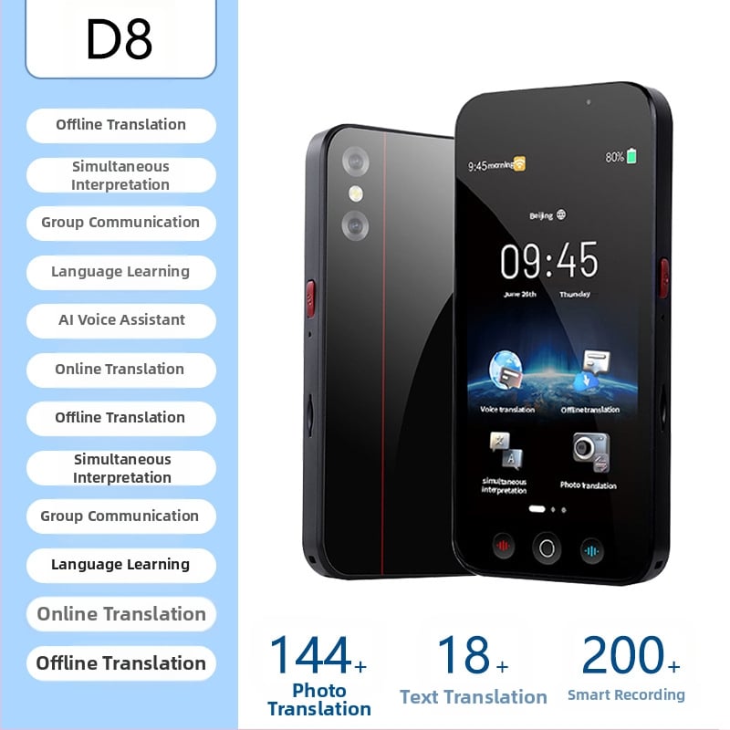 Daudzvalodu tulkotājs ar offline tulkojumu un tulkošanu pa mobilo tālrunī • Android pamatsistēma • Bluetooth atbalsts • Bezvadu darbības diapazons 5 m • Darbības režīms: pogu + skārienjūtīgs ekrāns