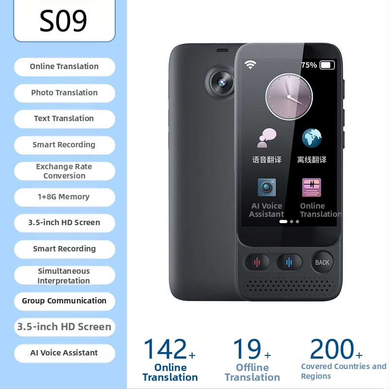 Daudzvalodu tulkotājs ar offline tulkojumu un tulkošanu pa mobilo tālrunī • Android pamatsistēma • Bluetooth atbalsts • Bezvadu darbības diapazons 5 m • Darbības režīms: pogu + skārienjūtīgs ekrāns