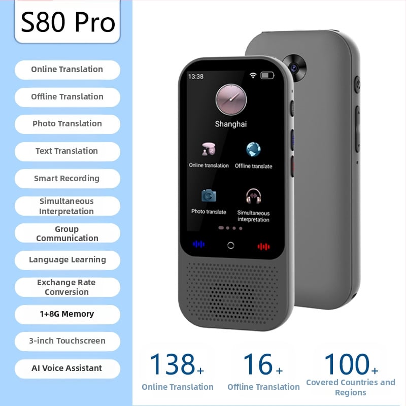 Daudzvalodu tulkotājs ar offline tulkojumu un tulkošanu pa mobilo tālrunī • Android pamatsistēma • Bluetooth atbalsts • Bezvadu darbības diapazons 5 m • Darbības režīms: pogu + skārienjūtīgs ekrāns