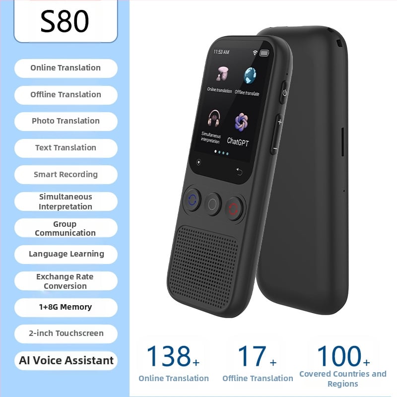 Daudzvalodu tulkotājs ar offline tulkojumu un tulkošanu pa mobilo tālrunī • Android pamatsistēma • Bluetooth atbalsts • Bezvadu darbības diapazons 5 m • Darbības režīms: pogu + skārienjūtīgs ekrāns