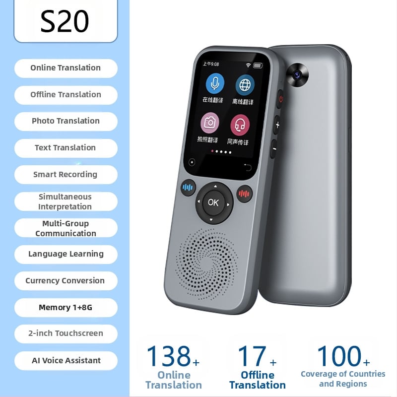 Daudzvalodu tulkotājs ar offline tulkojumu un tulkošanu pa mobilo tālrunī • Android pamatsistēma • Bluetooth atbalsts • Bezvadu darbības diapazons 5 m • Darbības režīms: pogu + skārienjūtīgs ekrāns