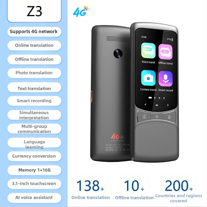 Daudzvalodu tulkotājs ar offline tulkojumu un tulkošanu pa mobilo tālrunī • Android pamatsistēma • Bluetooth atbalsts • Bezvadu darbības diapazons 5 m • Darbības režīms: pogu + skārienjūtīgs ekrāns