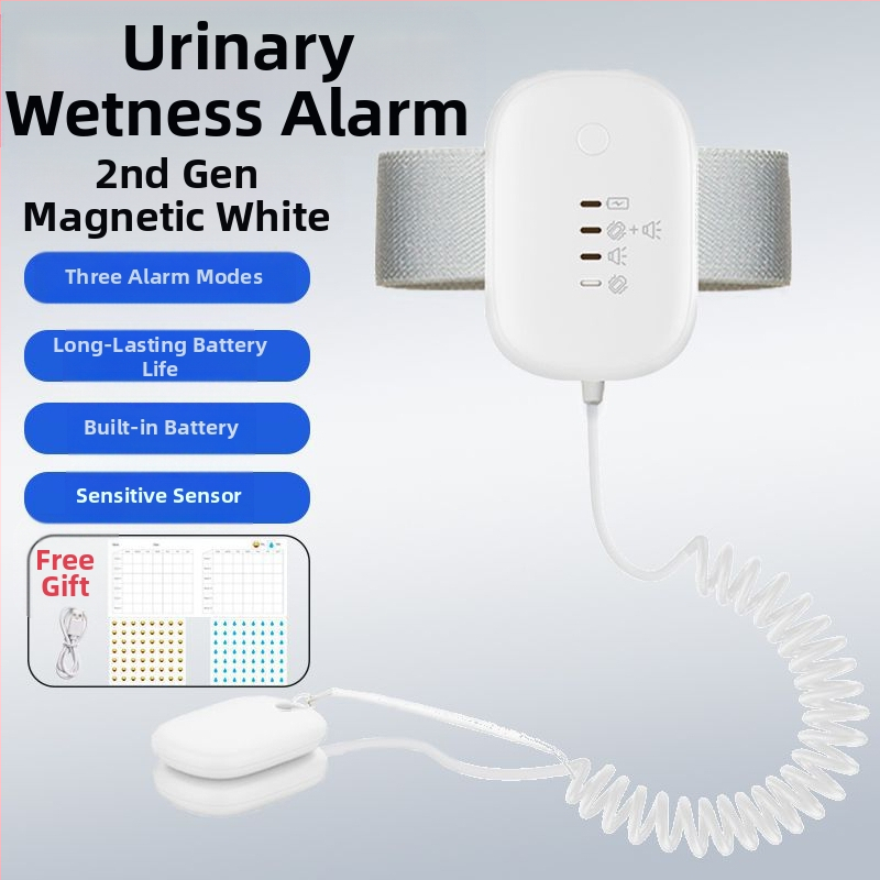 Belaidis įspėjimo monitorius dėl šlapimo drėgmės kūdikiams ir senyviems; įspėjimo režimai: skambutis, vibracija arba skambutis+ vibracija; įrenginio svoris 256 g; pakuotė 50 vnt