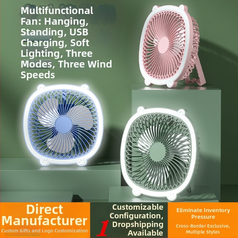 USB stalo lempos ventiliatorius su apšvietimu, 3 greičiai, mechaninis režimas, išimama baterija