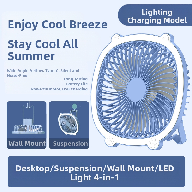 USB stalo lempos ventiliatorius su apšvietimu, 3 greičiai, mechaninis režimas, išimama baterija