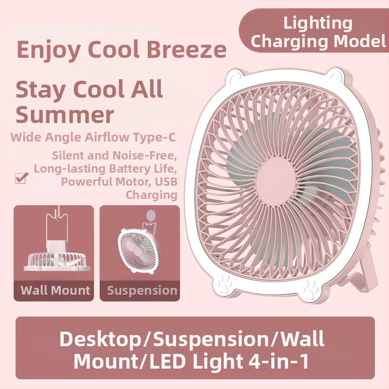 USB stalo lempos ventiliatorius su apšvietimu, 3 greičiai, mechaninis režimas, išimama baterija