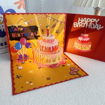 Κάρτα γενεθλίων - 3D μοτίβο φράουας τούρτας, μουσικά φώτα, εκτύπωση, για γενέθλια, απλός μοντέρνος σχεδιασμός