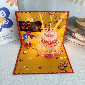 Κάρτα γενεθλίων - 3D μοτίβο φράουας τούρτας, μουσικά φώτα, εκτύπωση, για γενέθλια, απλός μοντέρνος σχεδιασμός