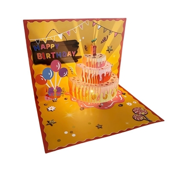 Κάρτα γενεθλίων - 3D μοτίβο φράουας τούρτας, μουσικά φώτα, εκτύπωση, για γενέθλια, απλός μοντέρνος σχεδιασμός