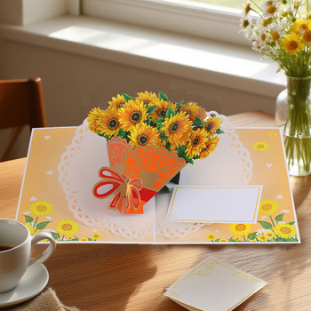 Κάρτα ευχών για την Ημέρα του Δασκάλου, 3D με μπουκέτο ηλιοτροπών, χειροποίητη, διπλωτή
