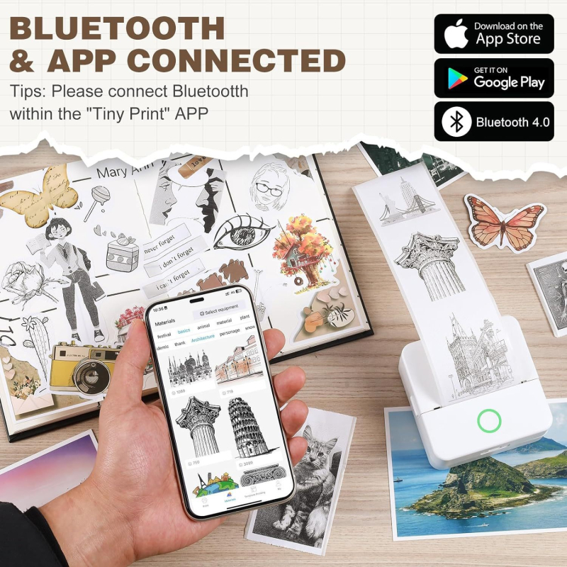 Μίνι φορητός θερμικός εκτυπωτής — USB διασύνδεση, θερμικό χαρτί 57x25 mm, ενσωματωμένη μπαταρία λιθίου, συμβατότητα Apple/Android