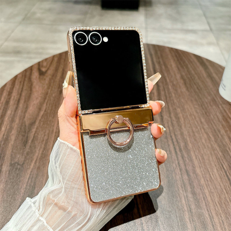Carcasa de protecție Samsung Z Flip Series cu inel din diamante, ecran pliabil, rezistentă la șocuri, material PC, acoperire electroplatinată