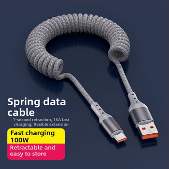 Nailono pynimo duomenų kabelis su atsitraukiančiu mechanizmu, 100W greitas įkrovimas, Lightning ir Type-C jungtys, nailono audinys