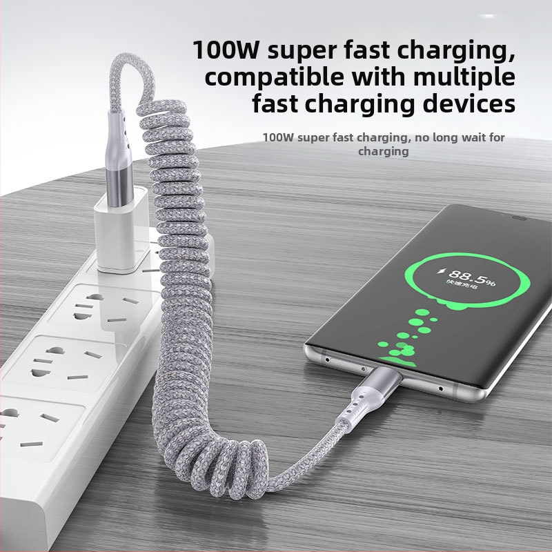 Dátový kábel z nylonovej tkaniny s vysúvacím mechanizmom, 100W rýchle nabíjanie, konektory Lightning a Type-C, nylonová konštrukcia