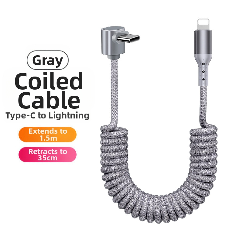 Nailono pynimo duomenų kabelis su atsitraukiančiu mechanizmu, 100W greitas įkrovimas, Lightning ir Type-C jungtys, nailono audinys