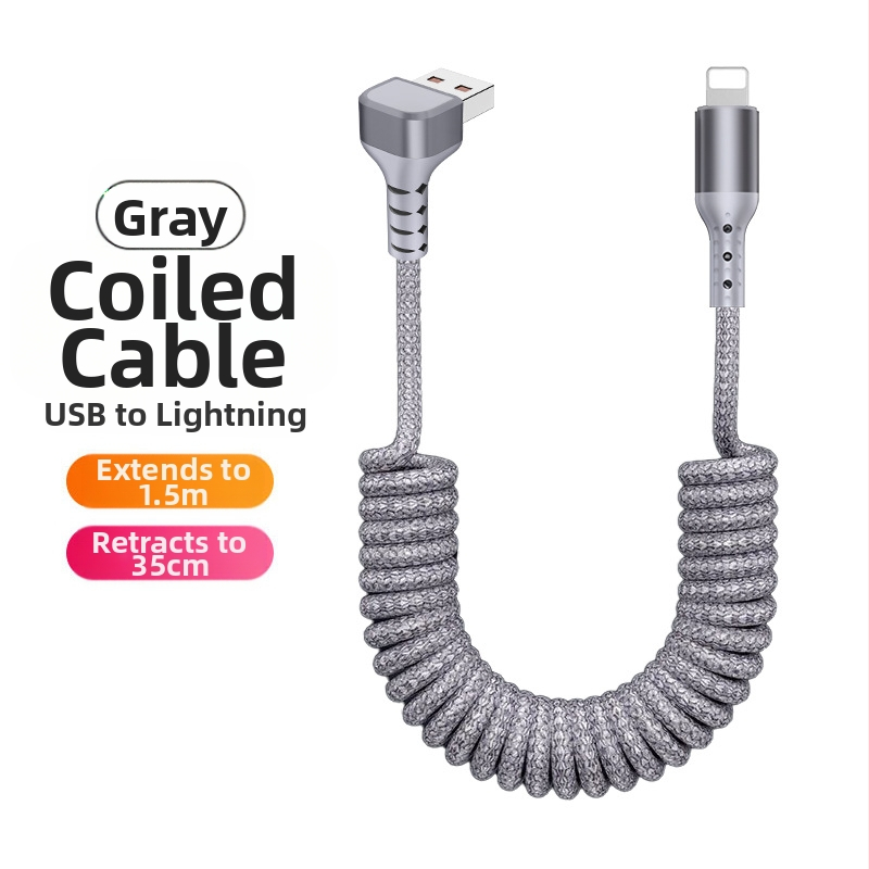 Nailono pynimo duomenų kabelis su atsitraukiančiu mechanizmu, 100W greitas įkrovimas, Lightning ir Type-C jungtys, nailono audinys