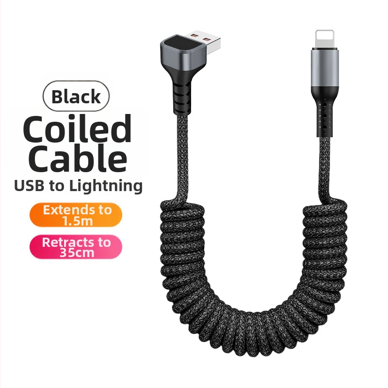 Nailono pynimo duomenų kabelis su atsitraukiančiu mechanizmu, 100W greitas įkrovimas, Lightning ir Type-C jungtys, nailono audinys