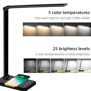 LED αναδιπλούμενο φωτιστικό γραφείου ανάγνωσης με αφή, 25 επίπεδα ρύθμισης φωτισμού, ρυθμιζόμενη θερμοκρασία χρώματος, ασύρματη ταχεία φόρτιση, τροφοδοσία USB