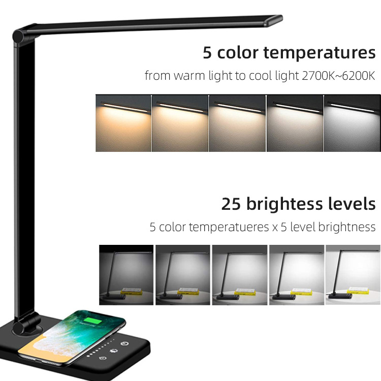 LED αναδιπλούμενο φωτιστικό γραφείου ανάγνωσης με αφή, 25 επίπεδα ρύθμισης φωτισμού, ρυθμιζόμενη θερμοκρασία χρώματος, ασύρματη ταχεία φόρτιση, τροφοδοσία USB