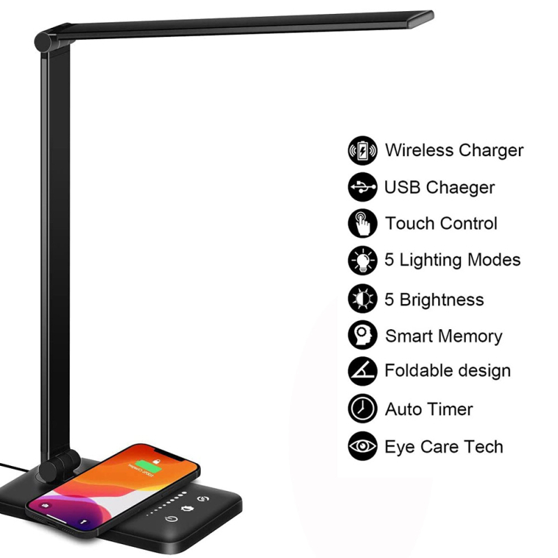 LED αναδιπλούμενο φωτιστικό γραφείου ανάγνωσης με αφή, 25 επίπεδα ρύθμισης φωτισμού, ρυθμιζόμενη θερμοκρασία χρώματος, ασύρματη ταχεία φόρτιση, τροφοδοσία USB
