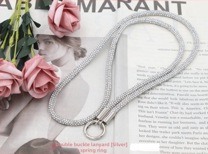 Телефонна каишка за врата с диамантени кристали, двойна катарама, тънък ремък, ръчна изработка