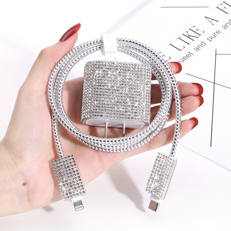 TPU aizsargsegums datu kabelim Apple 20W ar spīdīgiem dimanta akmeņiem, grezns stils