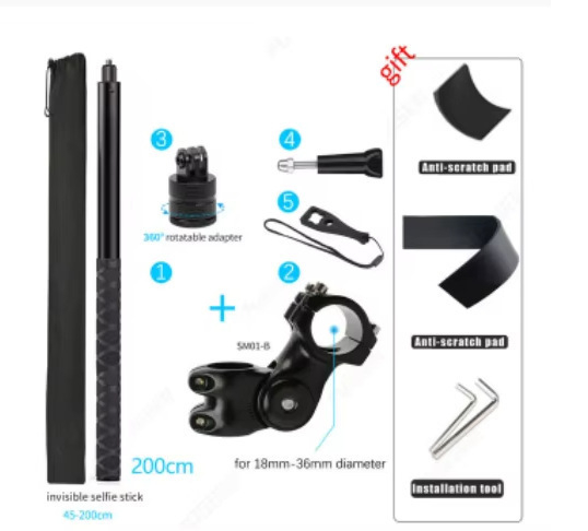 Držiak kameros trečiosios asmenų vaizdui motociklui/dviraciui – aliuminio lydinys; selfie lazda suderinama su GoPro ir Insta360 X3