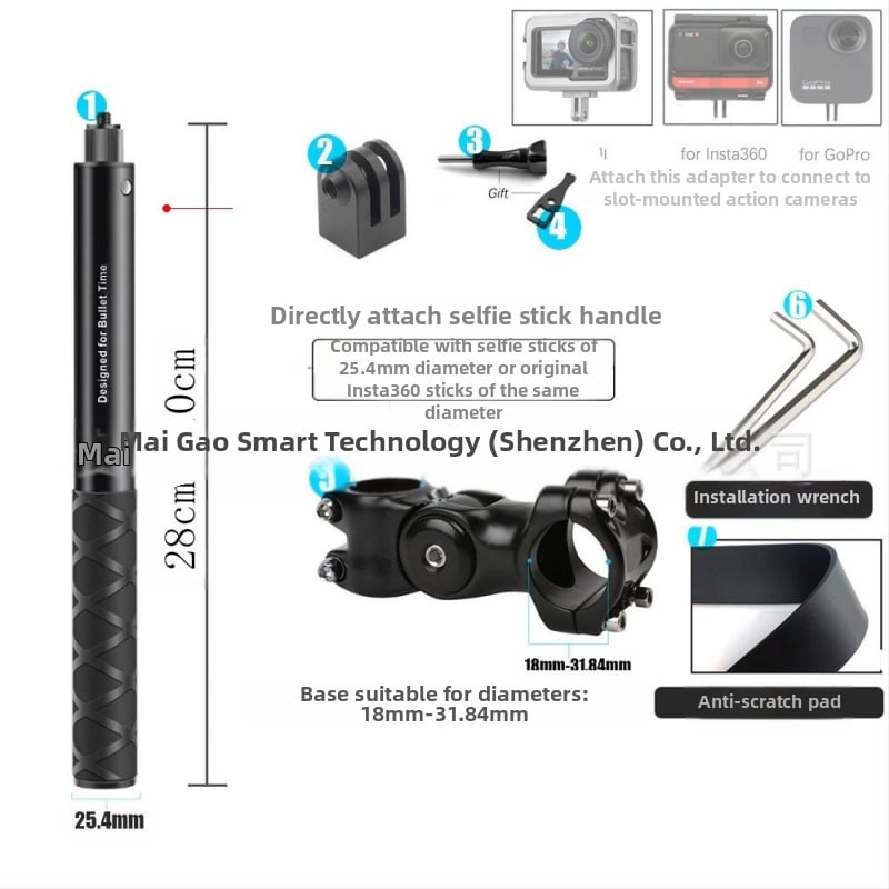 Držiak kameros trečiosios asmenų vaizdui motociklui/dviraciui – aliuminio lydinys; selfie lazda suderinama su GoPro ir Insta360 X3