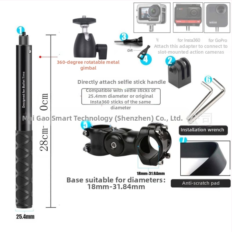 Držiak kameros trečiosios asmenų vaizdui motociklui/dviraciui – aliuminio lydinys; selfie lazda suderinama su GoPro ir Insta360 X3