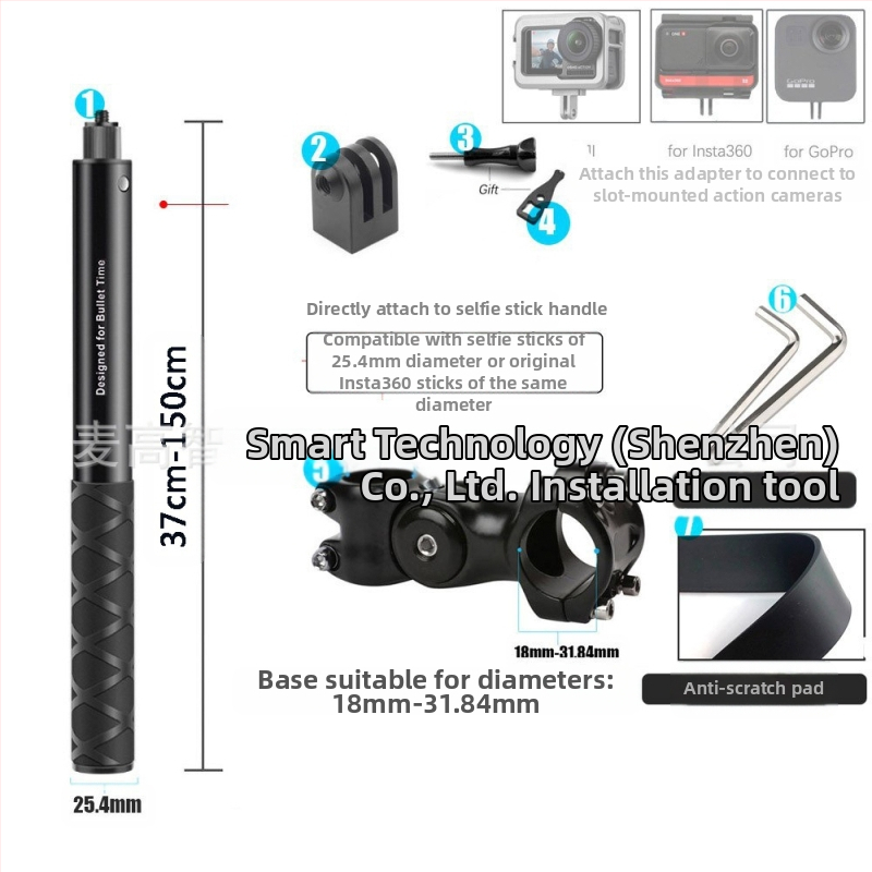 Držiak kameros trečiosios asmenų vaizdui motociklui/dviraciui – aliuminio lydinys; selfie lazda suderinama su GoPro ir Insta360 X3