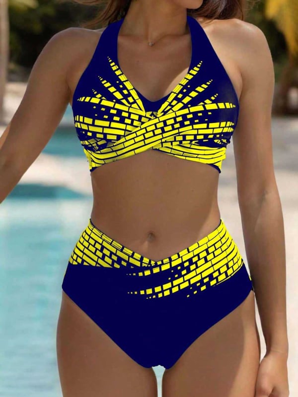 Ženski bikini visokog struka s podijelim trokutastim gornjim dijelom – konzervativan dizajn, s jastučićem za grudi i bez čelične potpore; vanjski najlon, podstava 80% poliester / 20% elastan; za plivanje i vodene aktivnosti