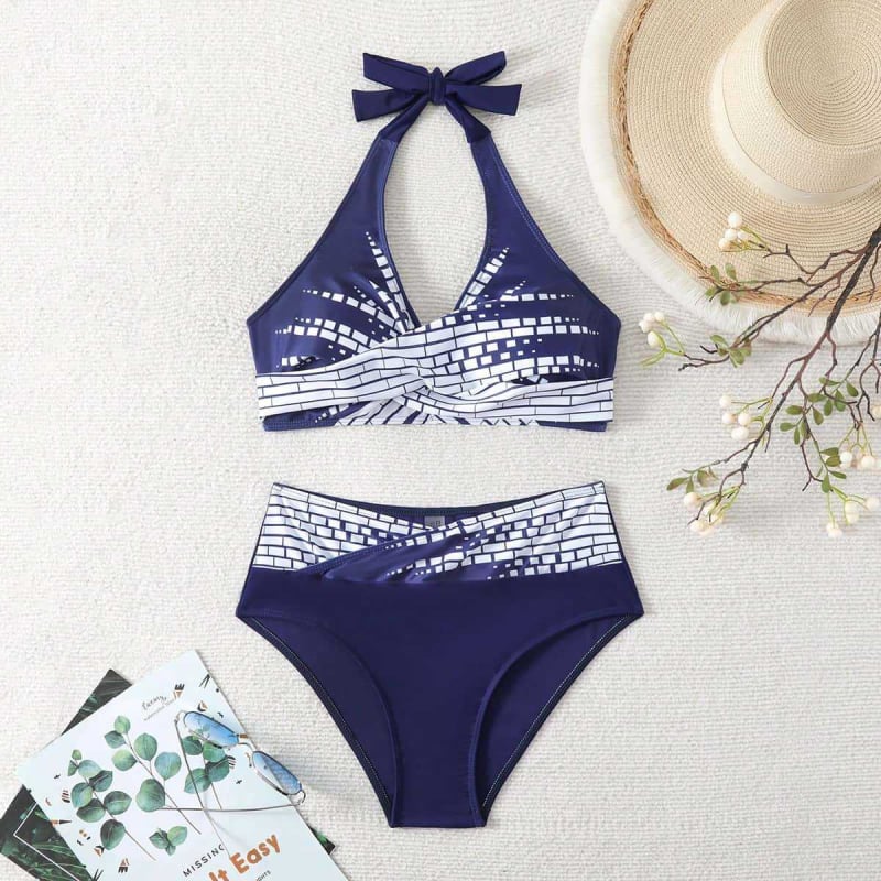 Ženski bikini visokog struka s podijelim trokutastim gornjim dijelom – konzervativan dizajn, s jastučićem za grudi i bez čelične potpore; vanjski najlon, podstava 80% poliester / 20% elastan; za plivanje i vodene aktivnosti