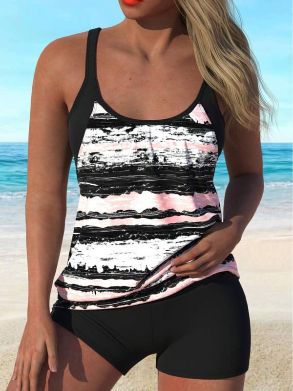 Costum de baie din două piese cu imprimeu, top cu burete pentru bust, elasticitate ridicată, material poliester, fără suport metalic