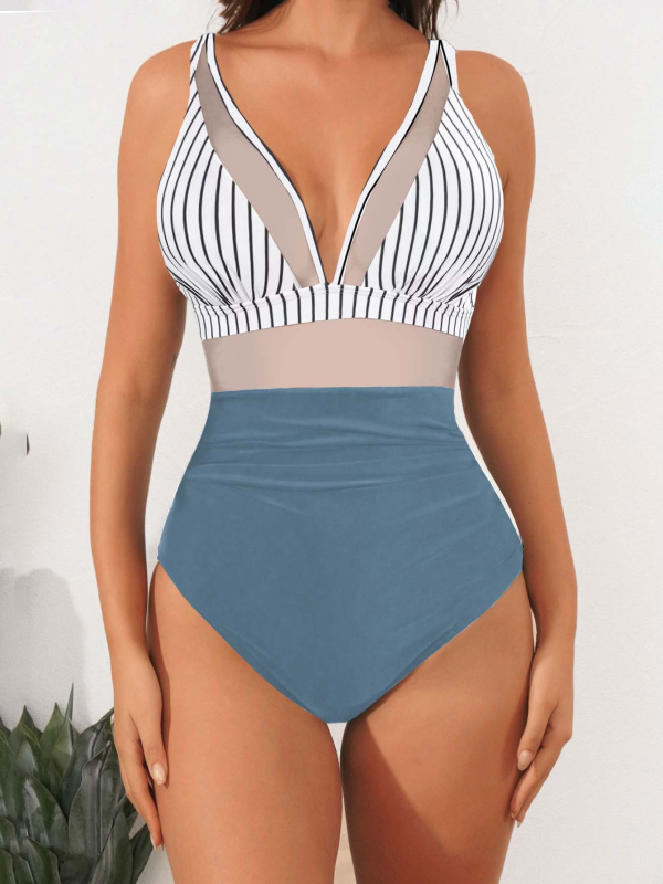 Costum de baie întreg, spate din plasă, fără bretele, cu bureți pentru bust, material din nailon