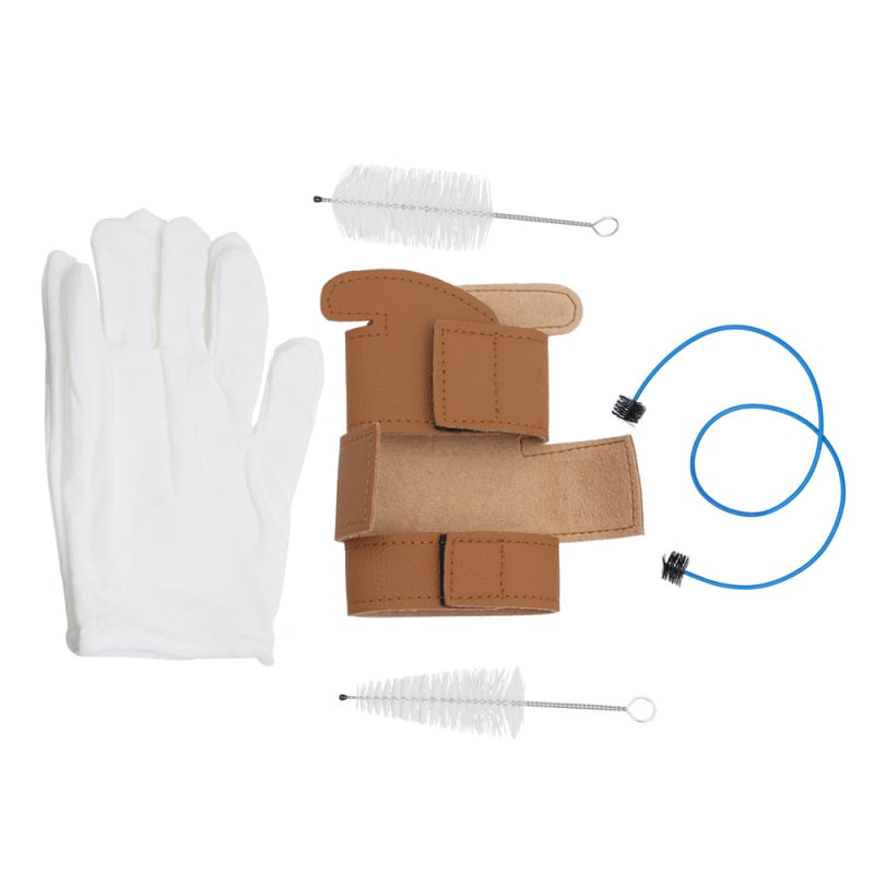 Σετ καθαρισμού για εθνοτικά πνευστά όργανα, 5 τεμάχια, με προστατευτικό κάλυμμα και γάντια, μοντέλο QA-09, υλικό: ύφασμα-πλαστικό