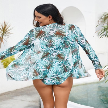 Trijų dalių bikini komplektas su užpildytu viršumi, gėlių tinklo spaudu, aukštos elastingumo poliesterio audinys