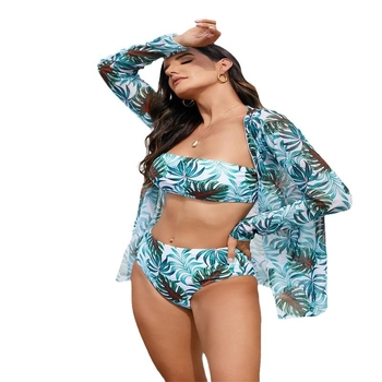 Trijų dalių bikini komplektas su užpildytu viršumi, gėlių tinklo spaudu, aukštos elastingumo poliesterio audinys