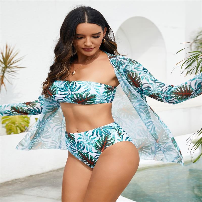 Trijų dalių bikini komplektas su užpildytu viršumi, gėlių tinklo spaudu, aukštos elastingumo poliesterio audinys