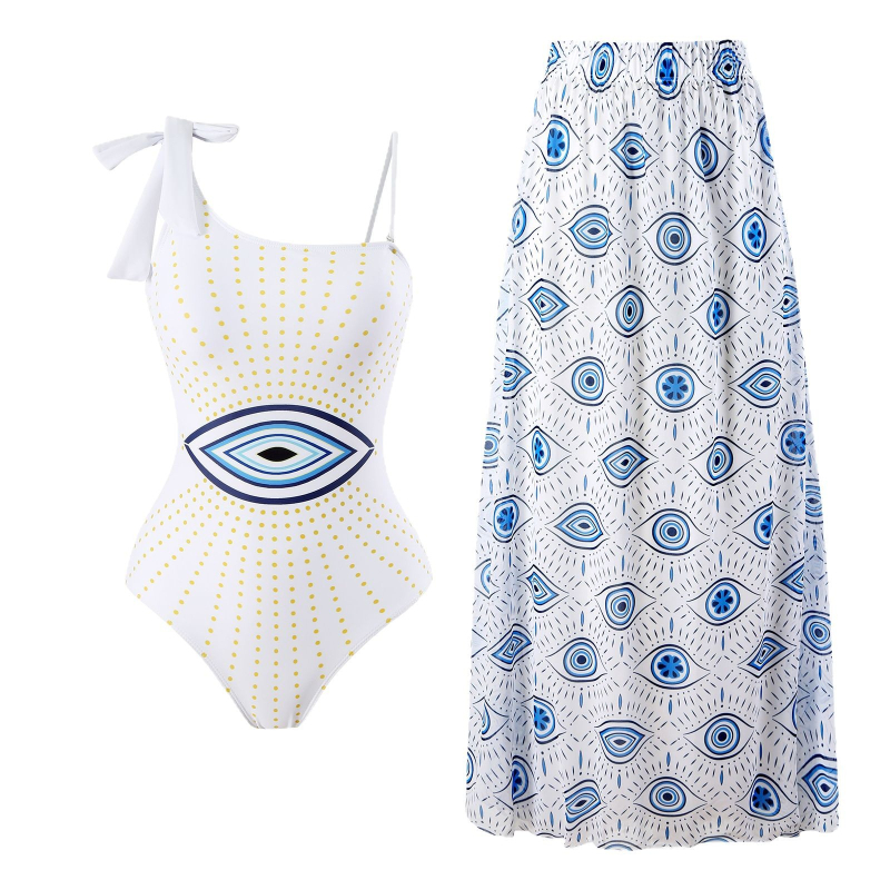 Vieno peties dizaino maudymosi kostiumėlis su tinklo danga ir apskrito sijono detale, aukštas liemuo, greitai džiūsta, elastingas ir patvarus