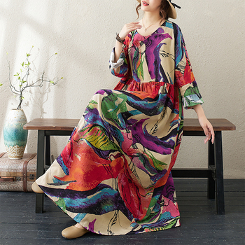 Φόρεμα midi από βαμβάκι και λινό με αφηρημένο μοτίβο, τρισδιάστατο κόψιμο και μακριά μανίκια