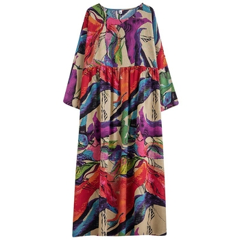 Φόρεμα midi από βαμβάκι και λινό με αφηρημένο μοτίβο, τρισδιάστατο κόψιμο και μακριά μανίκια