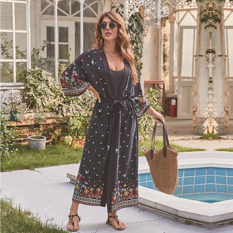 Išspausdintas rayon pliažo dengiančios su laisvu kardigano kirpimu, saulės apsauga bikini denginys (Medžiaga: rayon; Įdaila: medvilnė; Svoris: 270 g)