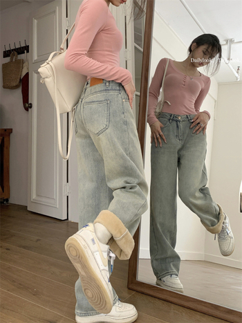 Τζιν από ντένιμ με επένδυση φλις, ίσια γραμμή, casual ιαπωνο-κορεατικό στυλ, 80–90% βαμβάκι, Χειμερινή έκδοση 2023