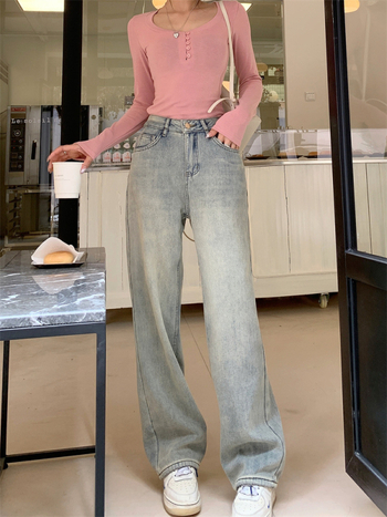 Τζιν από ντένιμ με επένδυση φλις, ίσια γραμμή, casual ιαπωνο-κορεατικό στυλ, 80–90% βαμβάκι, Χειμερινή έκδοση 2023